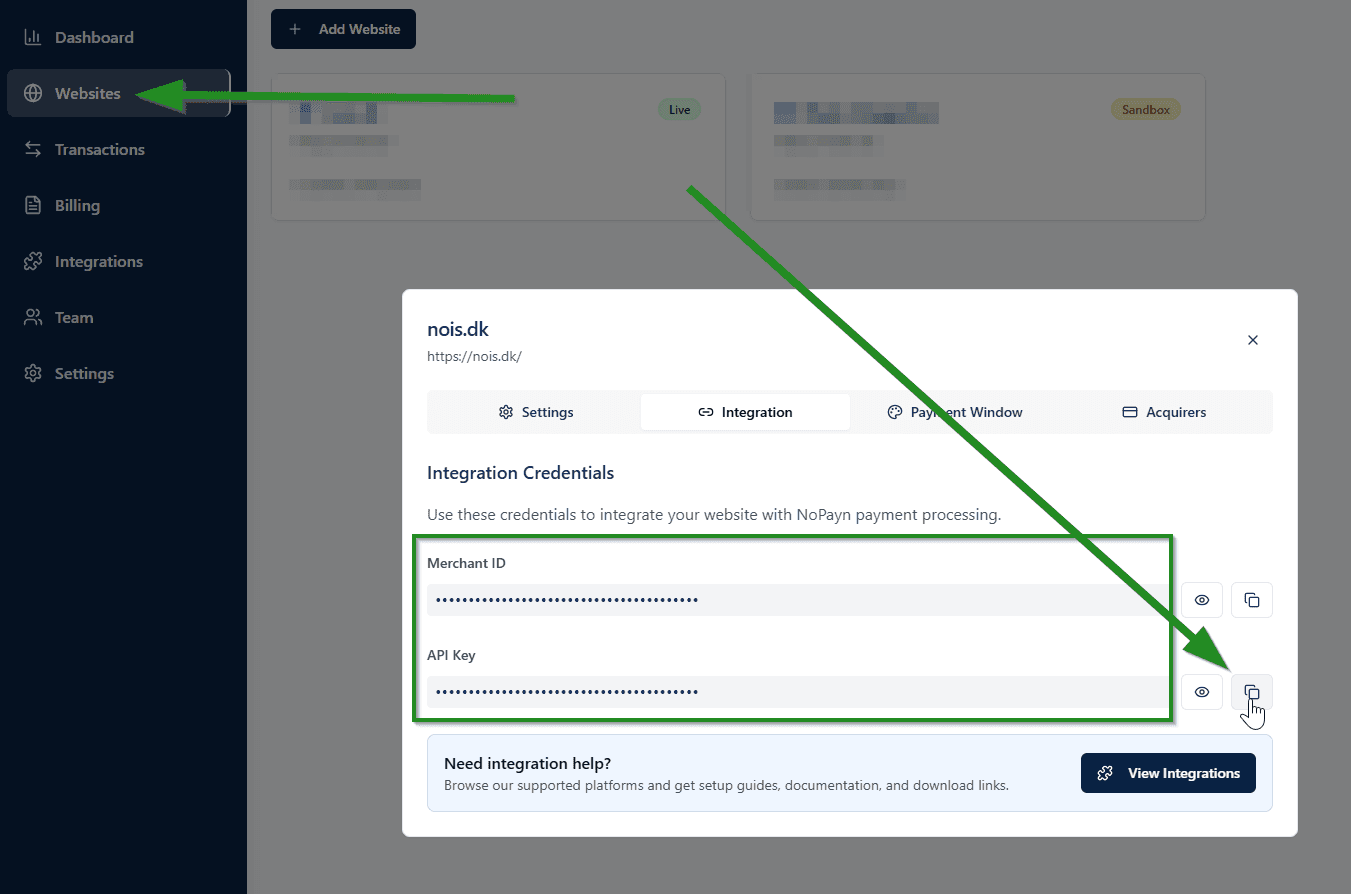 Merchant Portal showing Merchant ID and API key