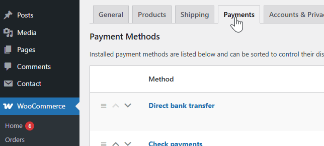 WooCommerce Payments tab